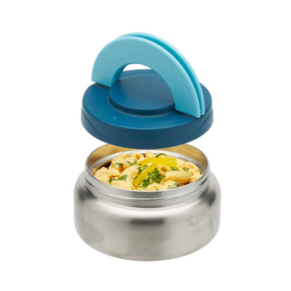 Insulated food jar with open lid and blue handle; stainless body with food inside