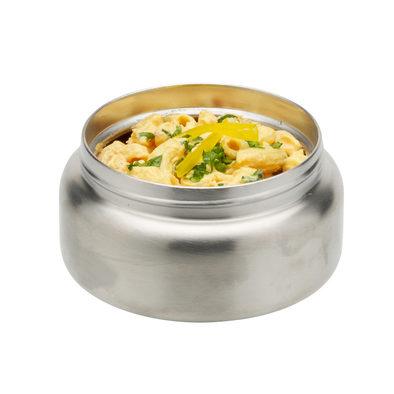 Insulated stainless food jar with food inside; open rim visible
