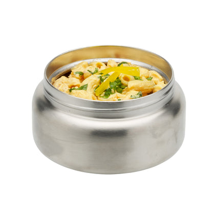 Insulated stainless food jar with food inside; open rim visible
