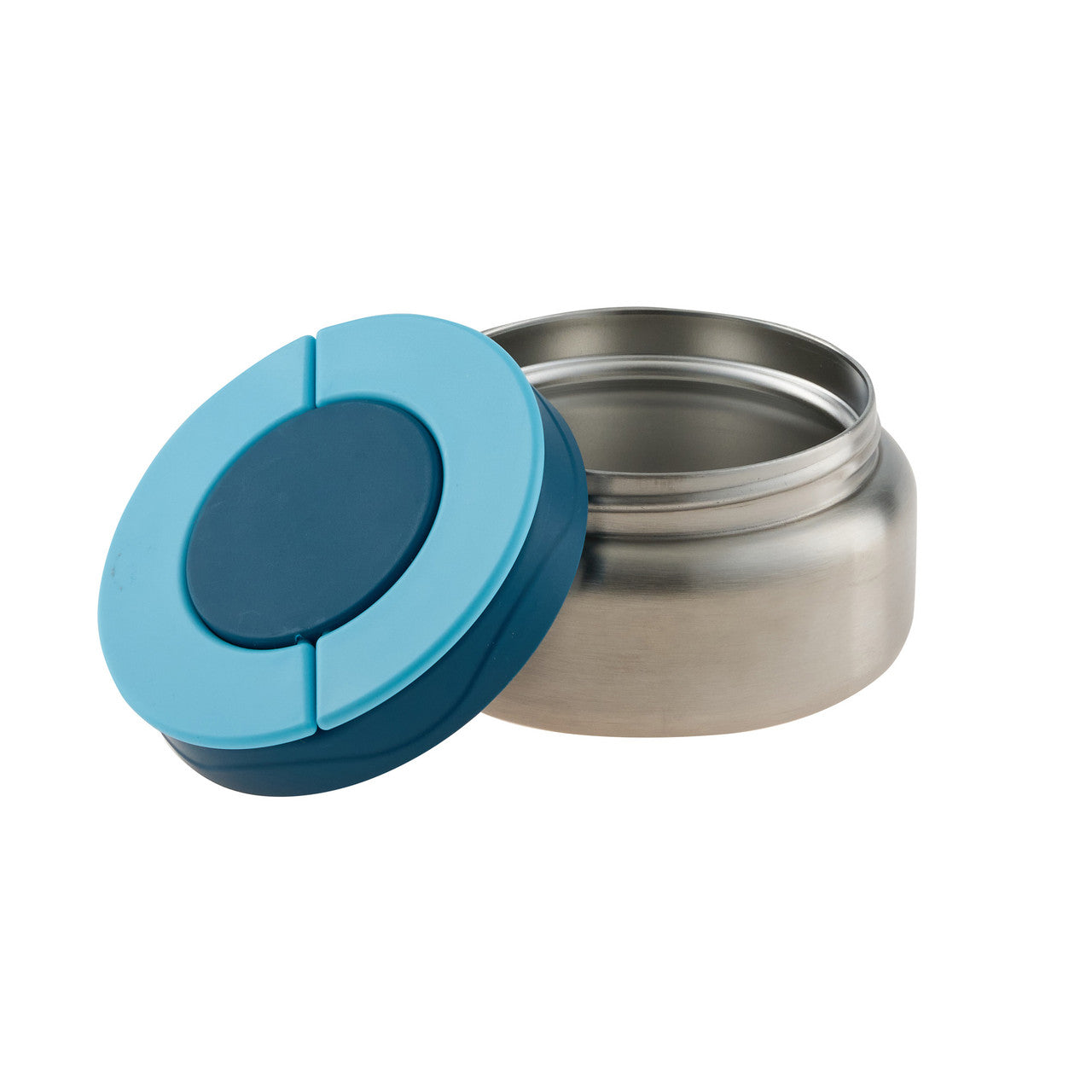 Insulated food jar with open blue lid and dark inner cover; stainless body
