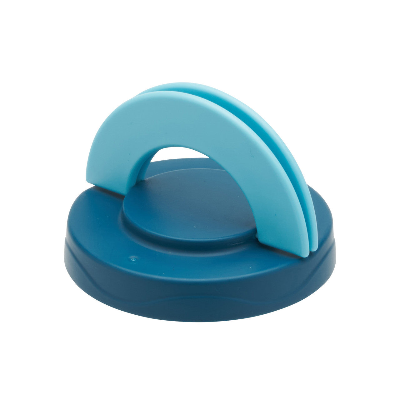 Insulated food jar with blue hinged handle lid on stainless base