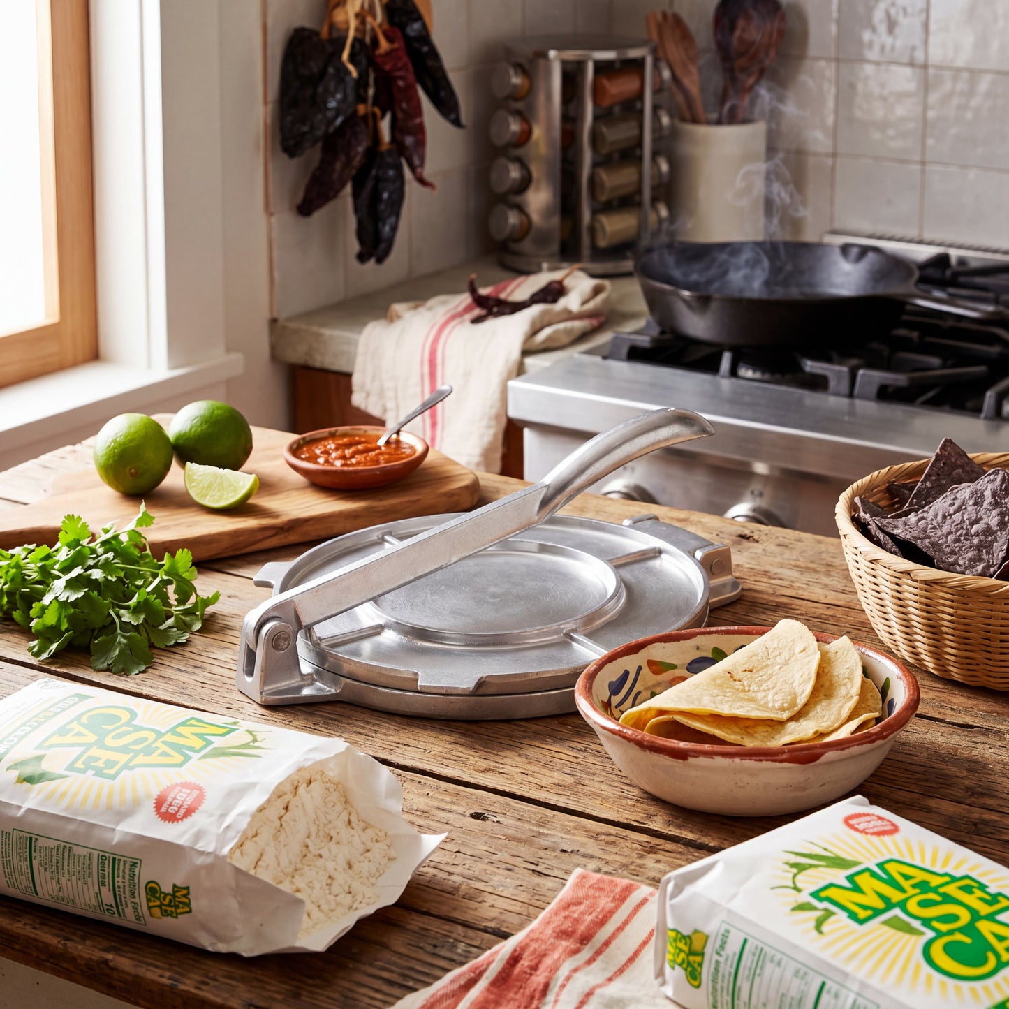 Stainless steel tortilla press with hinged handle on a wooden countertop.