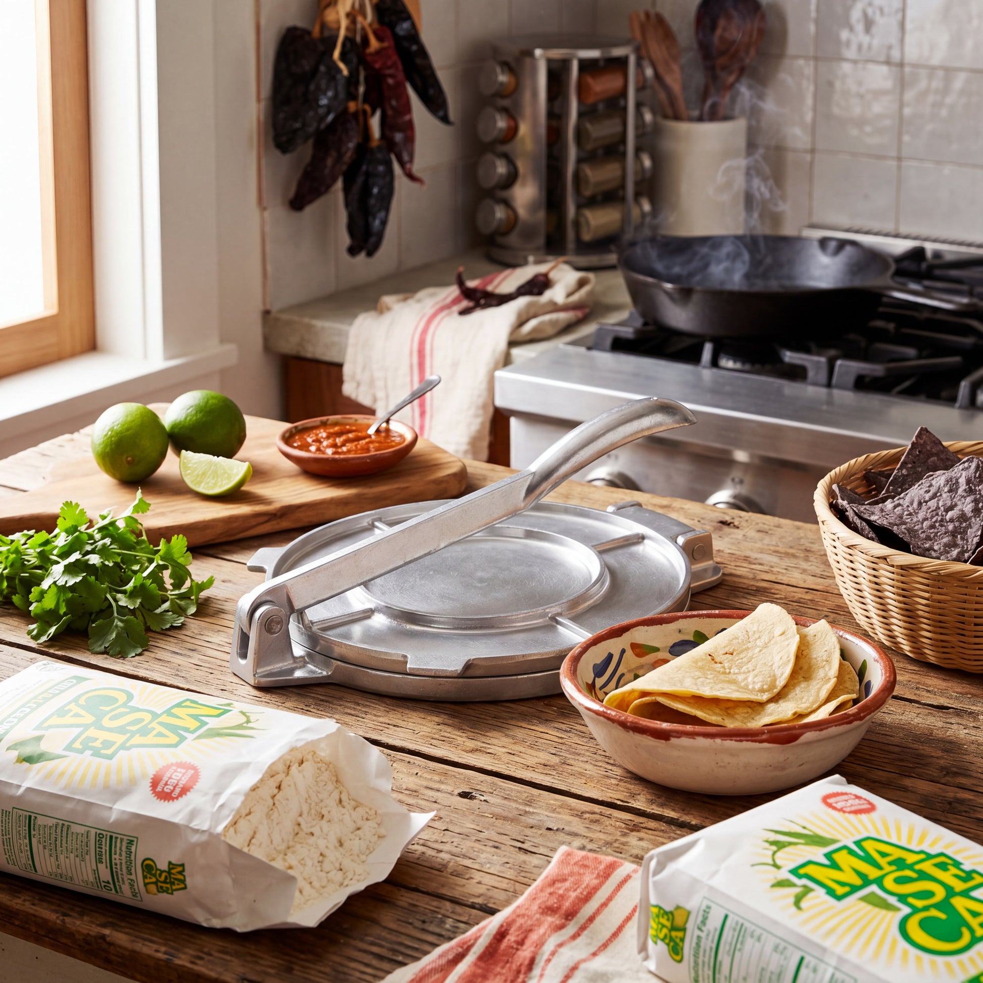 Stainless steel tortilla press with hinged handle on a wooden countertop.