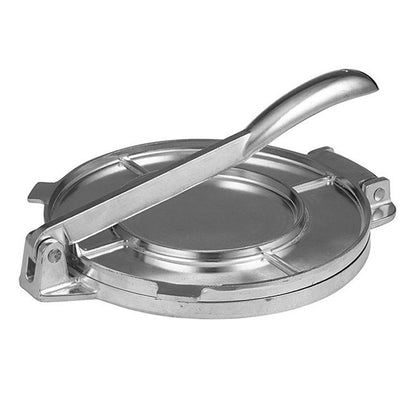 Stainless steel tortilla press with hinged handle and round pressing plate