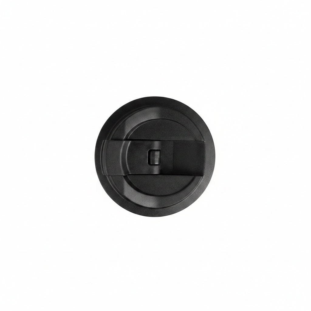 Black plastic cover with a central cylindrical component on a white background