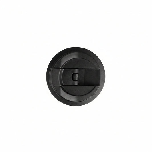 Black plastic cover with a central cylindrical component on a white background