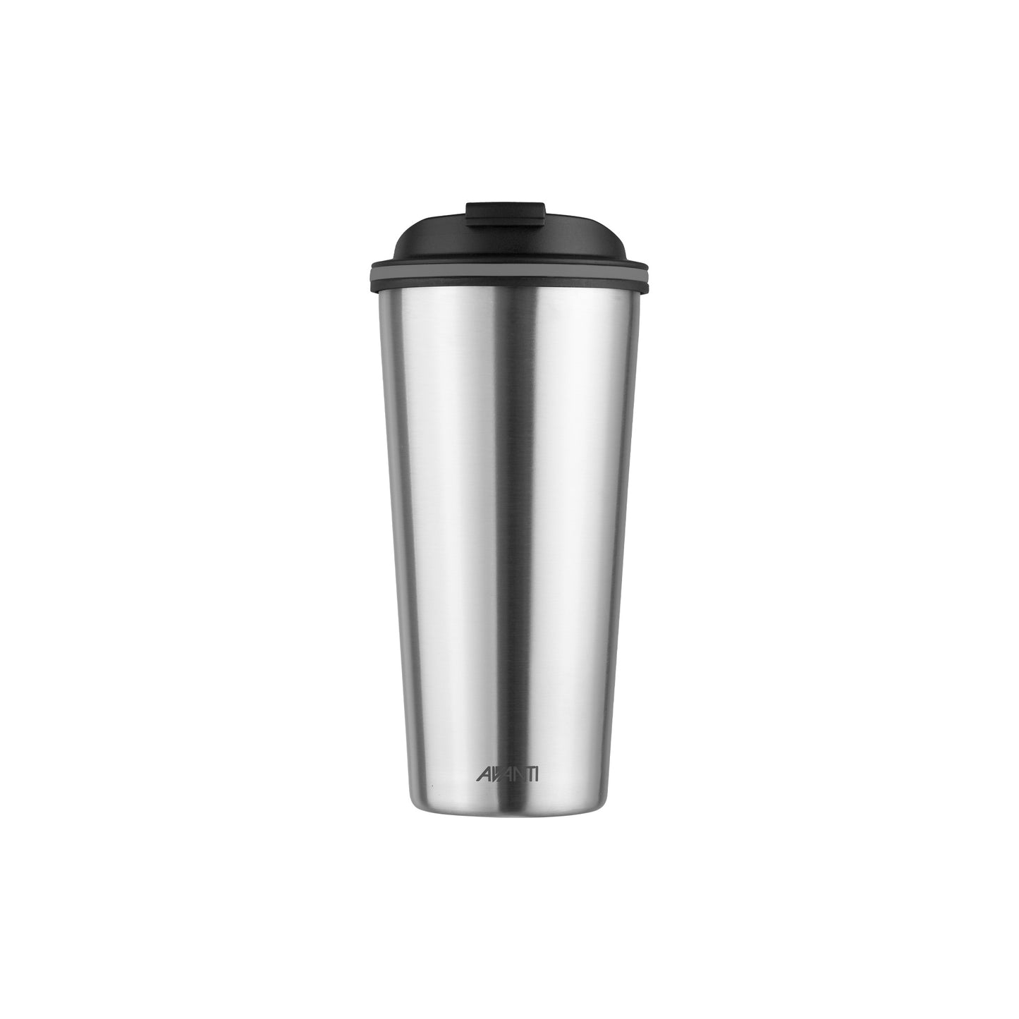 473ml double wall insulated cup, brushed steel, black lid, AVANTI logo, side view