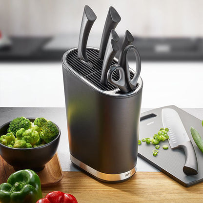 SMARTLINE knife block holding five black-handled knives in a metal holder