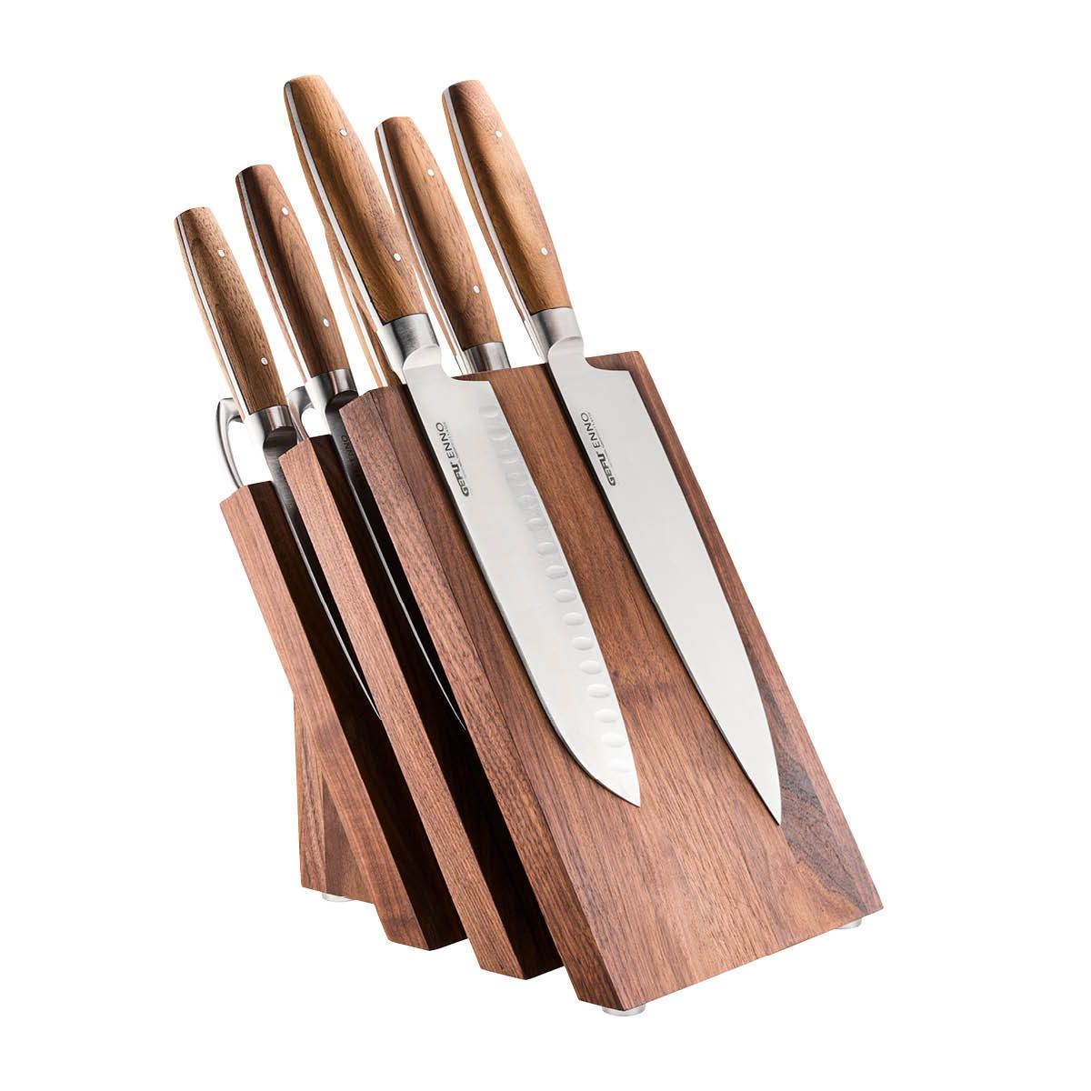 Magnetic wooden knife block holding stainless steel knives with visible blade edges