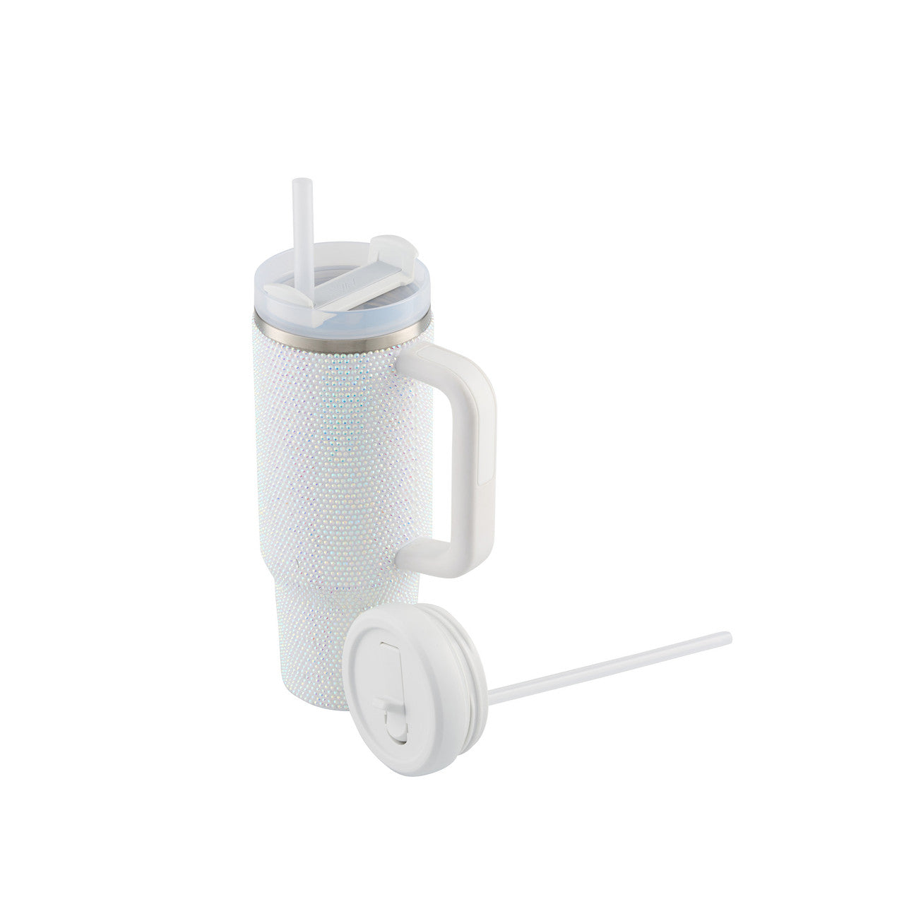 White textured insulated tumbler with two lids and drinking straw.