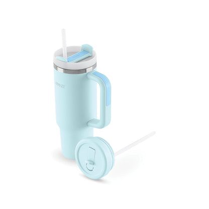 Light blue insulated tumbler with two lids, handle, and drinking straw.