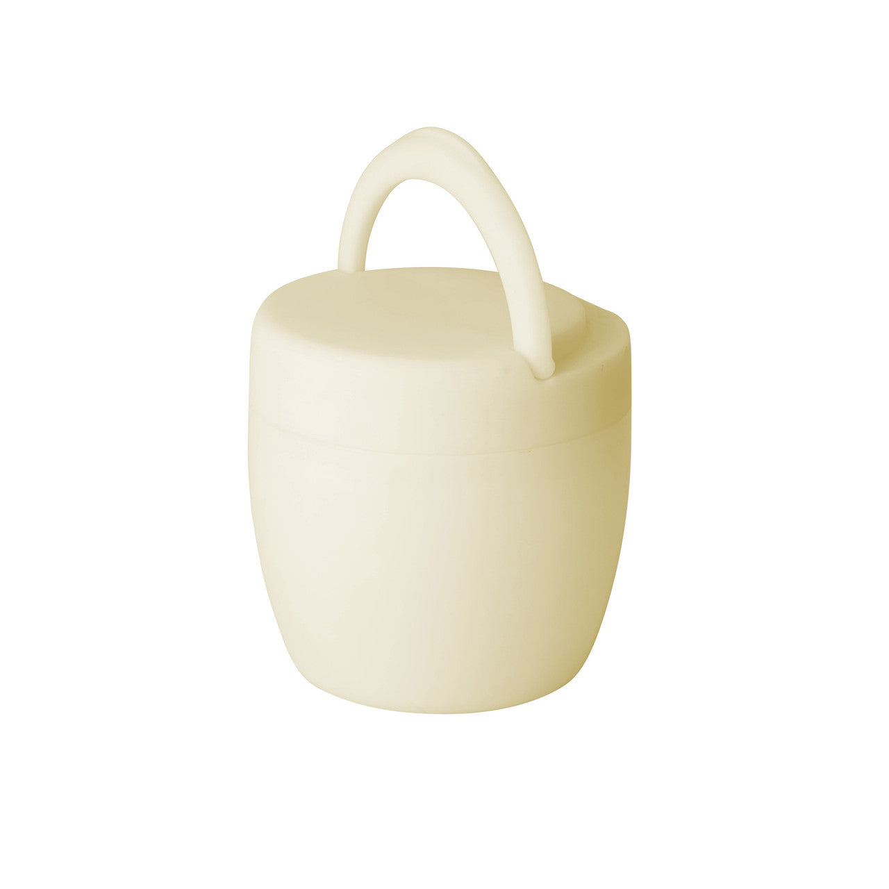 Insulated food pod in pale cream with carrying handle and rounded lid
