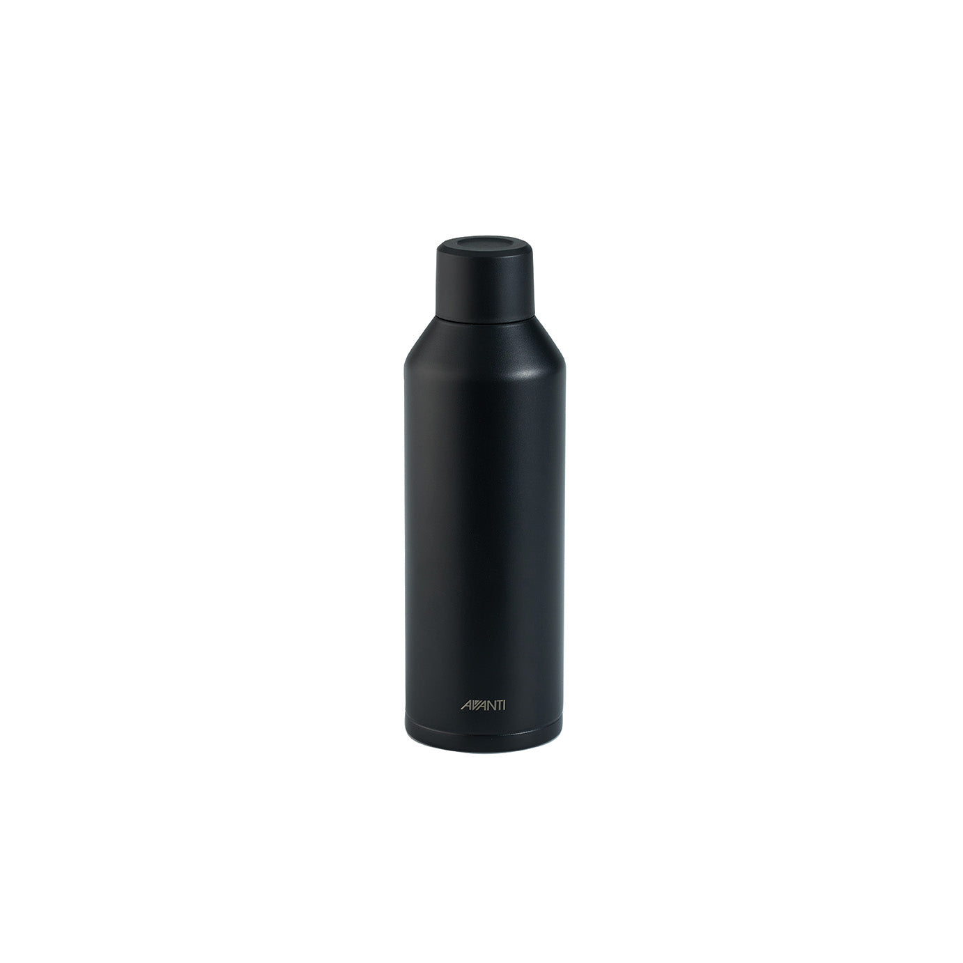 Black insulated water bottle with black lid and matte finish