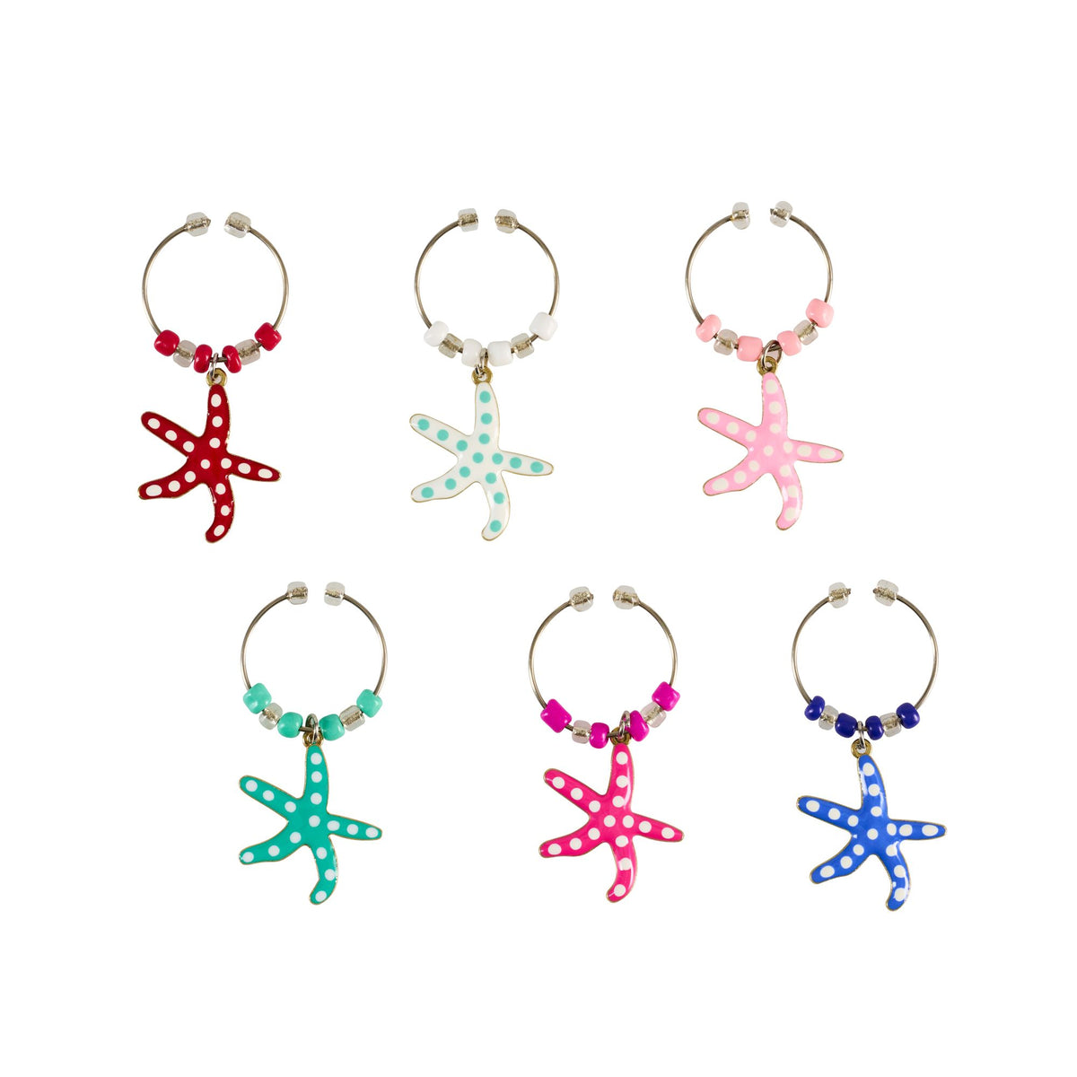 Set of wine charms with starfish pendants on beaded metal rings