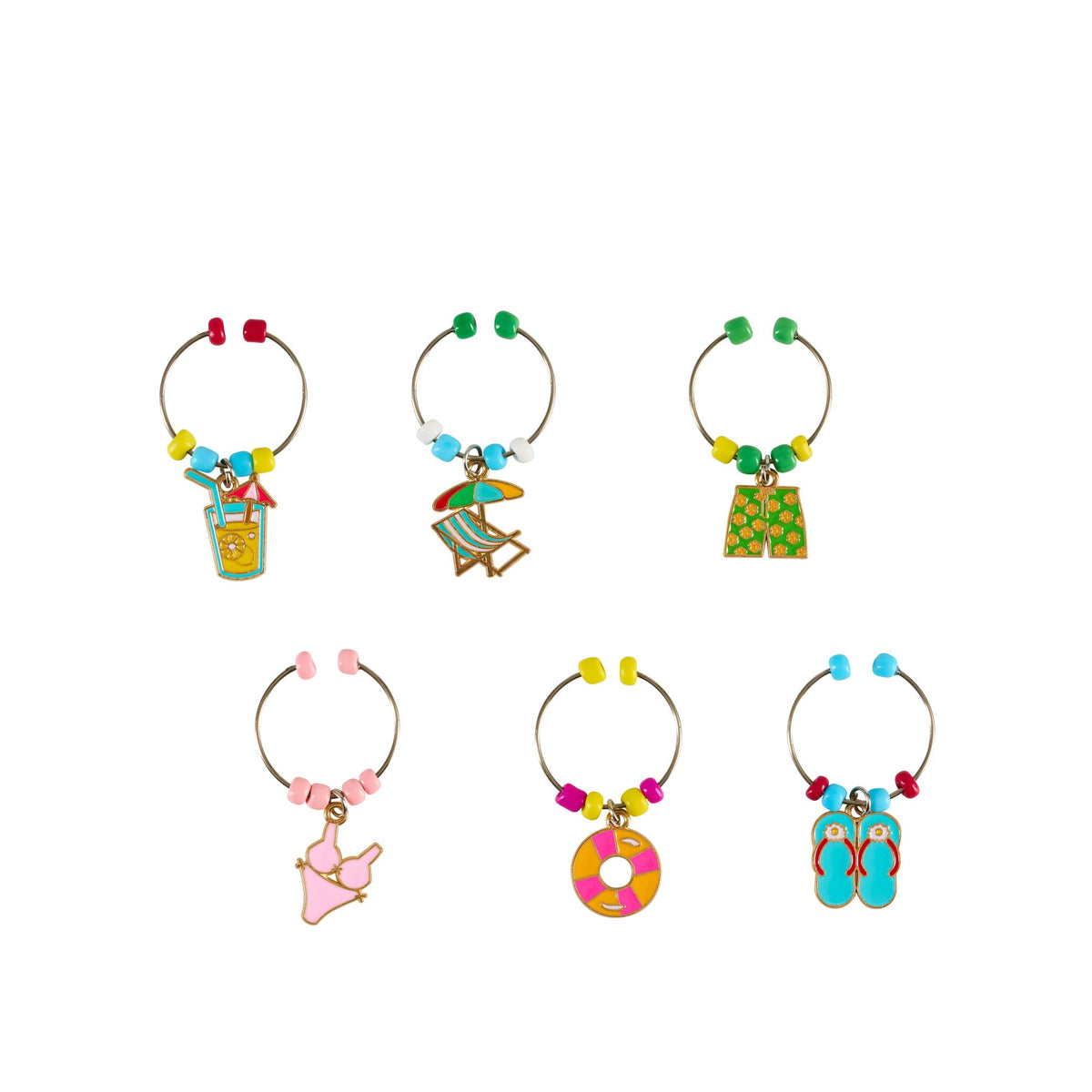 Resort wine charms set of 6 colorful bead rings with small themed figures