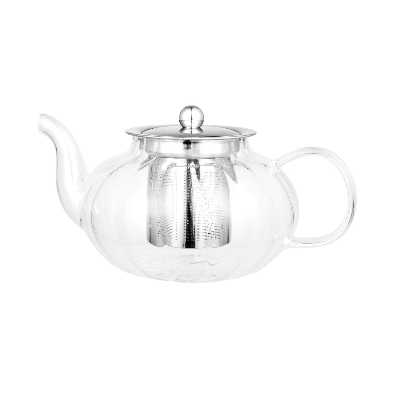 Glass teapot with metal lid and knob, spout, and side handle