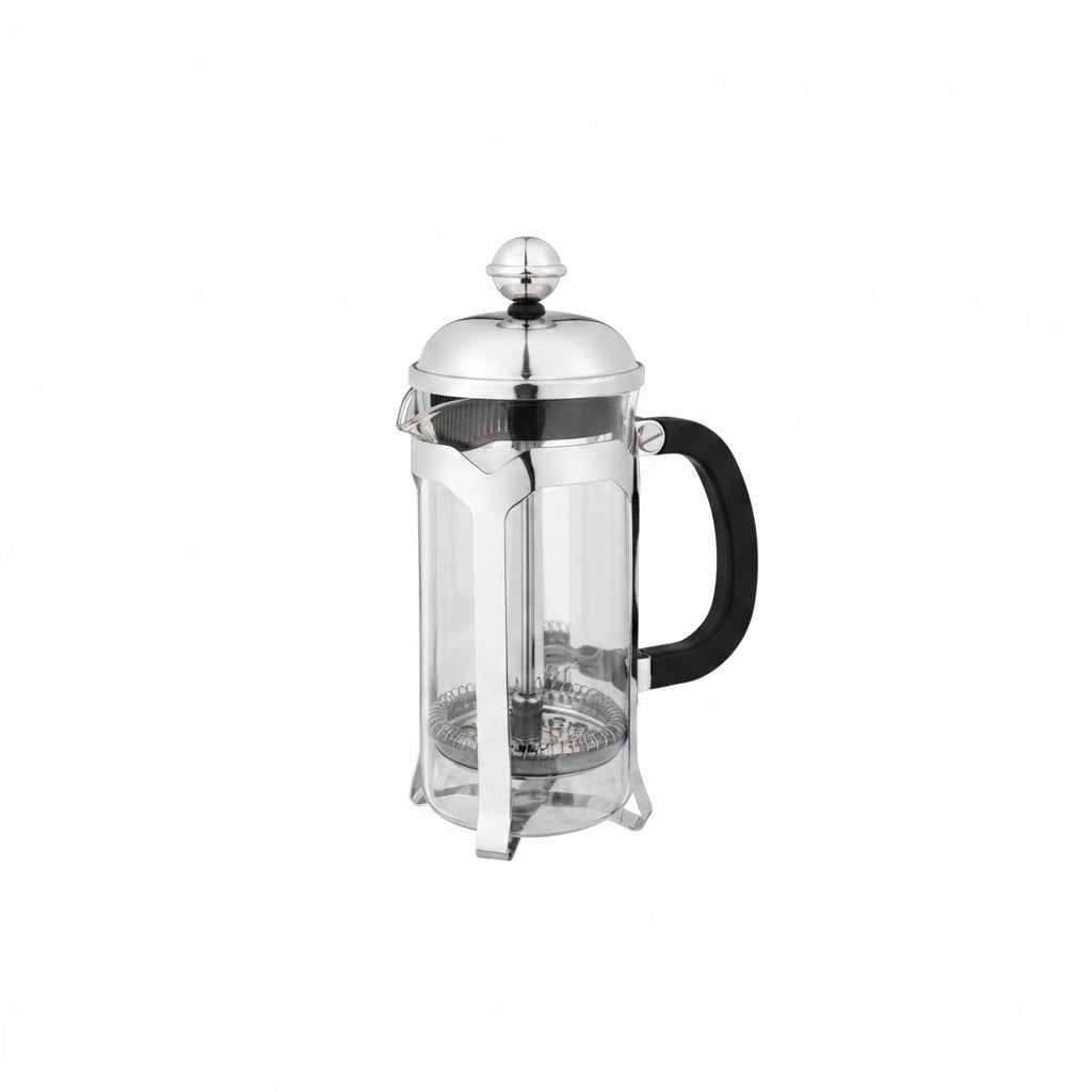 French press coffee maker on a white background