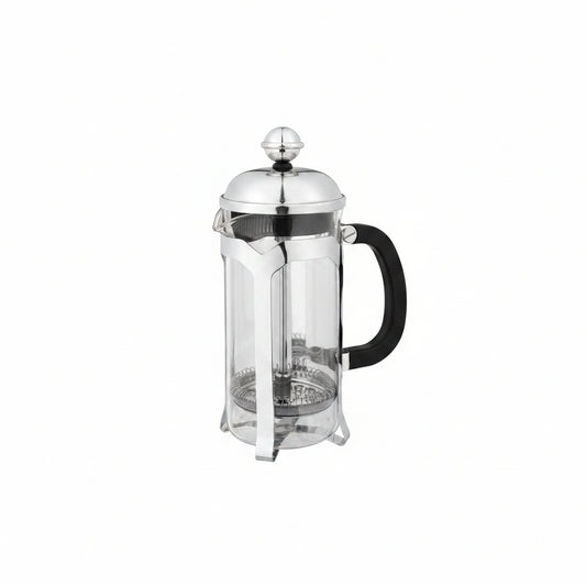 Clear borosilicate glass coffee plunger with stainless lid and black handle