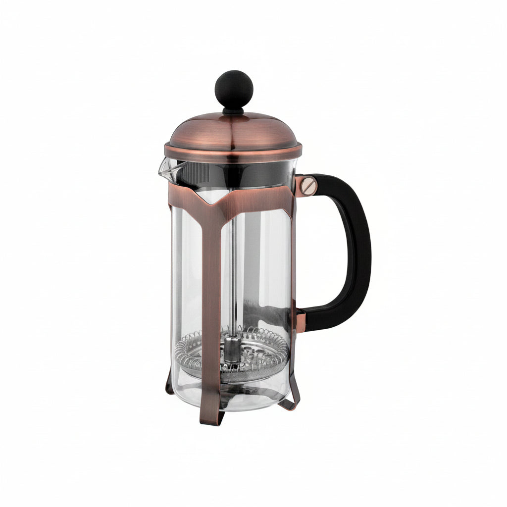French press coffee maker with copper accents on a white background