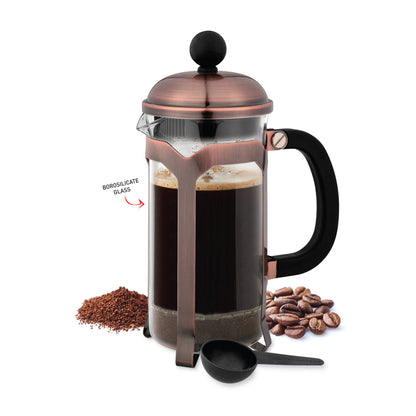 French press with coffee and beans on a white background