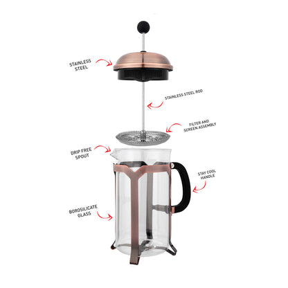 French press coffee maker with labeled parts on a white background