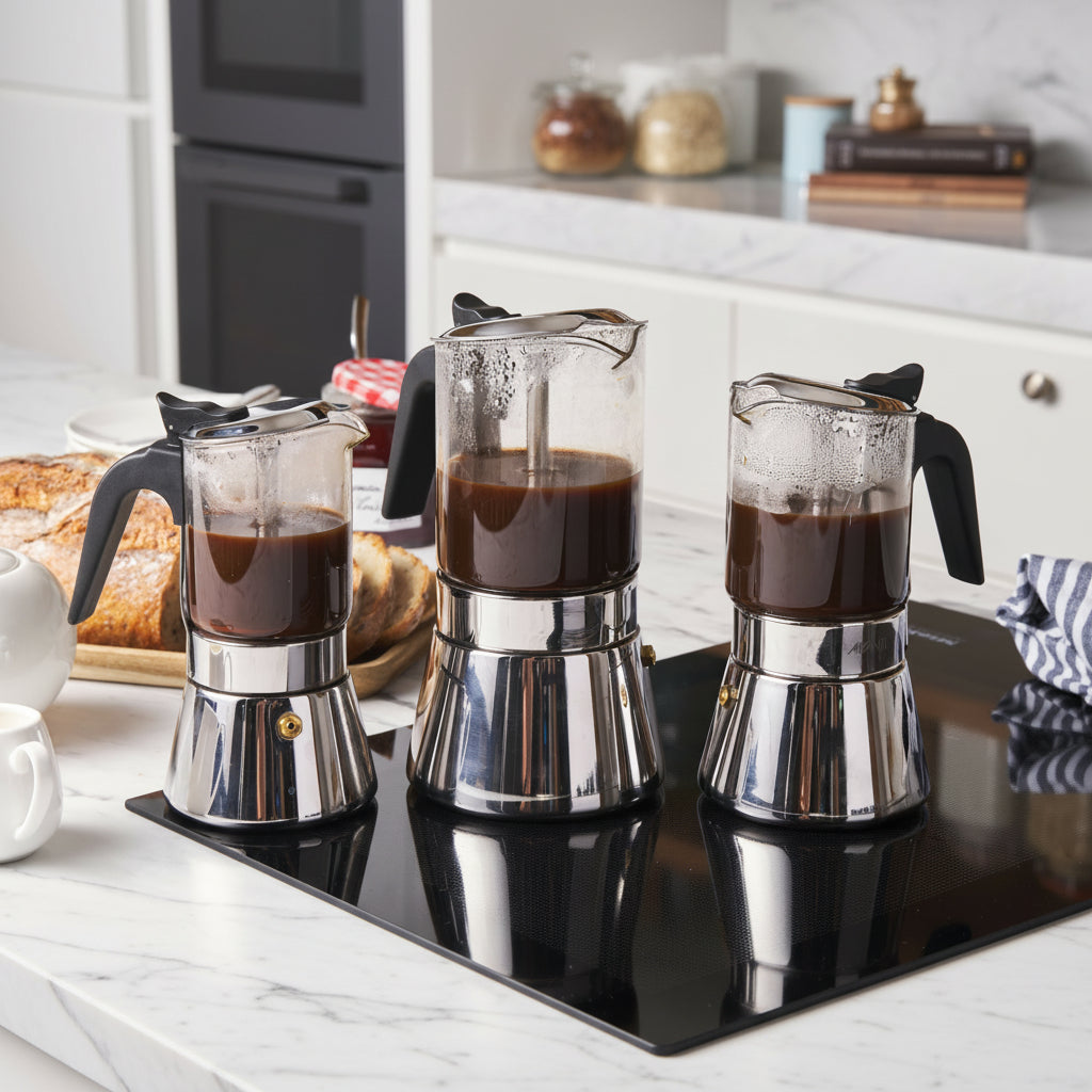 Three stovetop espresso makers with coffee on a kitchen counter.