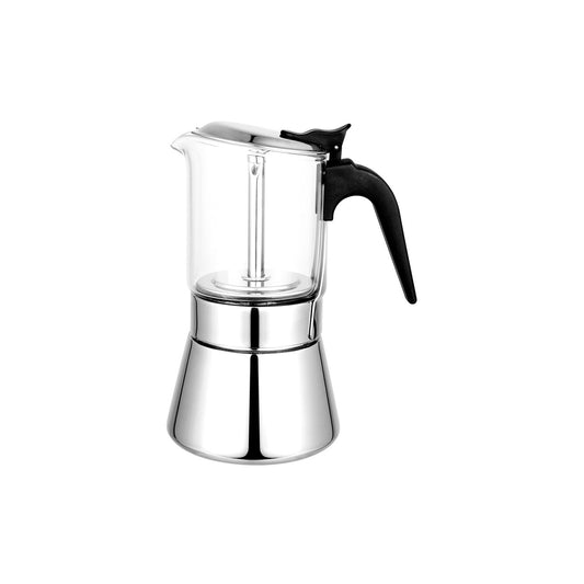 Stainless steel espresso maker with black handle on a white background