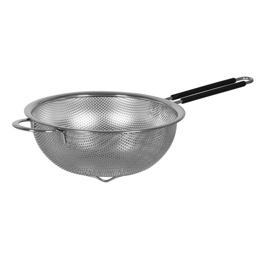 Metal strainer with black handle on a white background