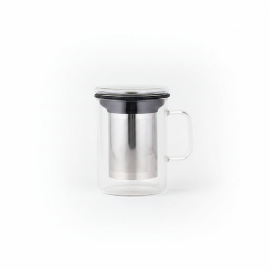 Clear glass tea infuser with metal filter and black lid on a white background