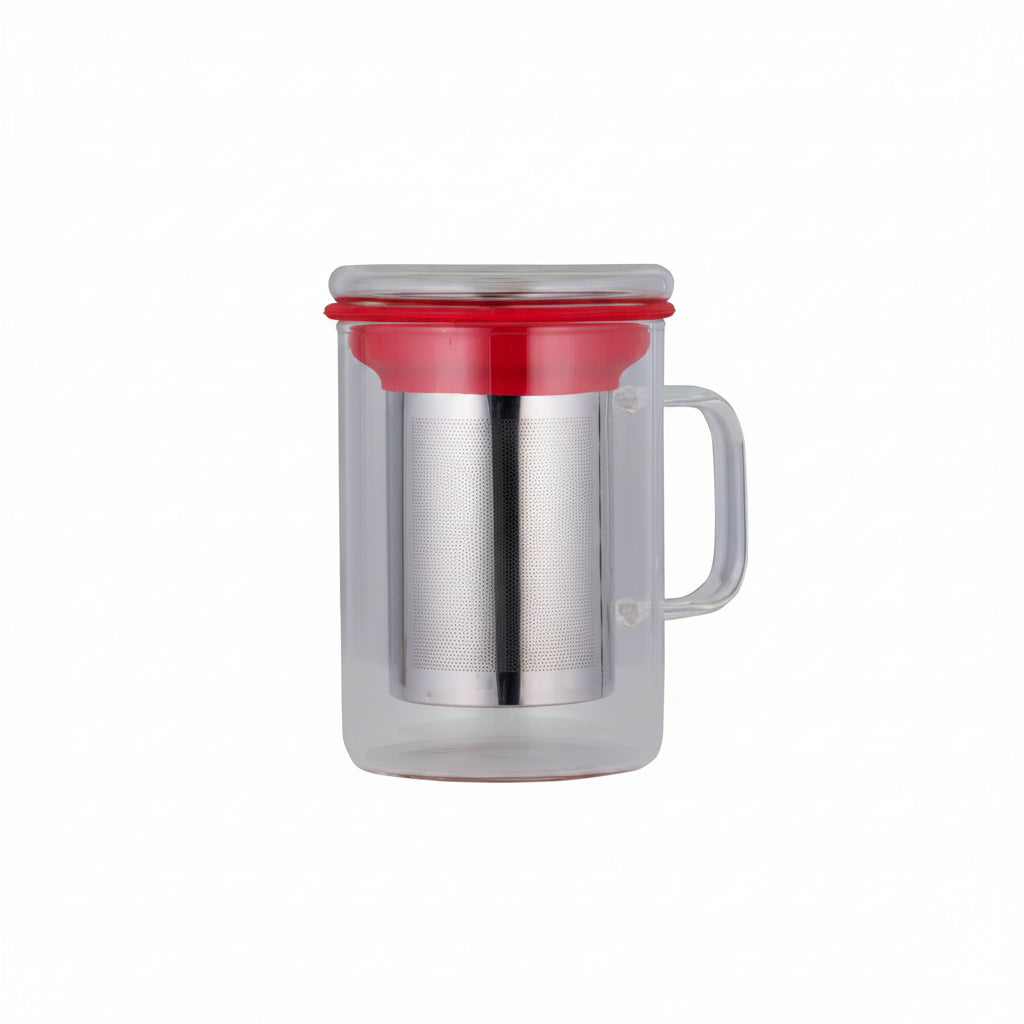 Tea mug with infuser, red lid and stainless-steel mesh insert