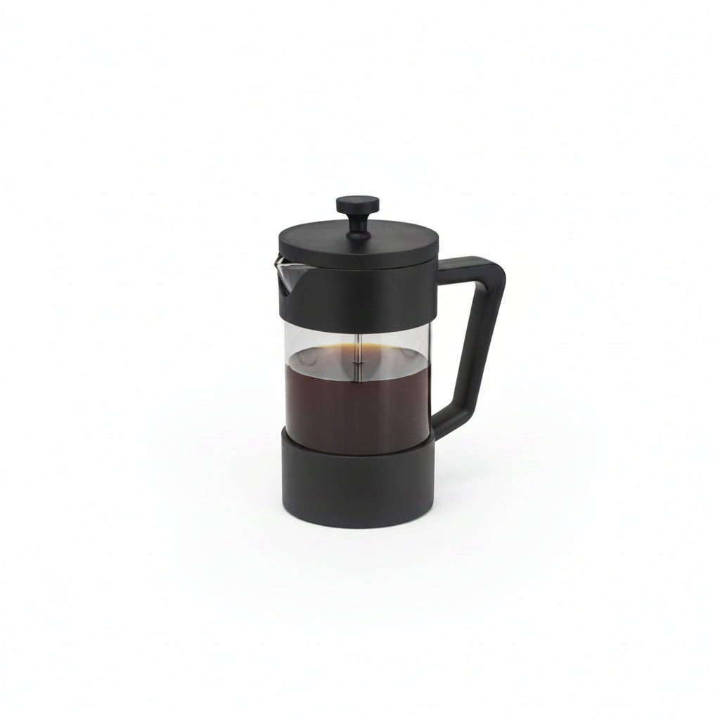 Black French press coffee maker on a white background
