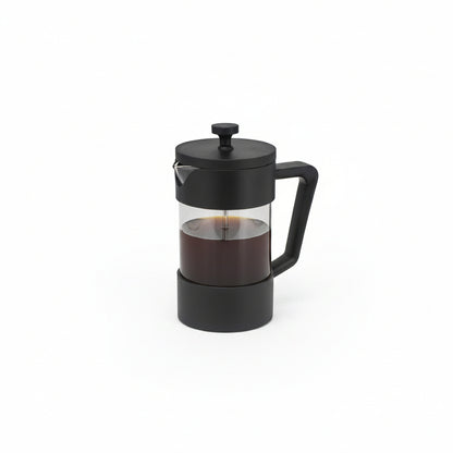 Black French press coffee maker on a white background