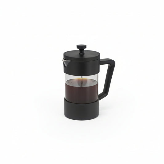 Black French press coffee maker on a white background