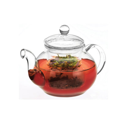 Glass teapot with side spout and handle, domed lid; red tea in clear infuser