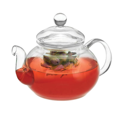 Lidded glass teapot with glass infuser, handle and curved spout; red tea inside