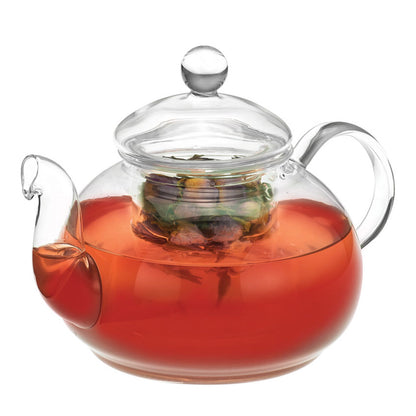 Glass teapot with domed lid and handle, red tea with visible infuser basket