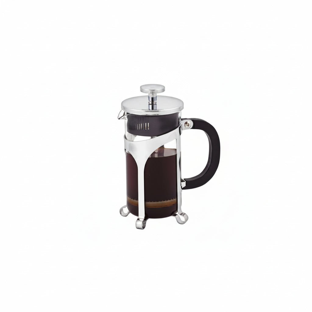 French press coffee maker with dark liquid inside on a white background