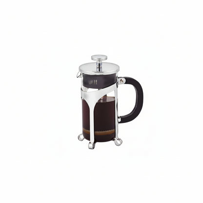 French press coffee maker with dark liquid inside on a white background