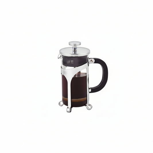 French press coffee maker with dark liquid inside on a white background