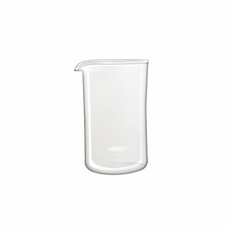 Clear glass beaker with 'Alfi' branding on a white background