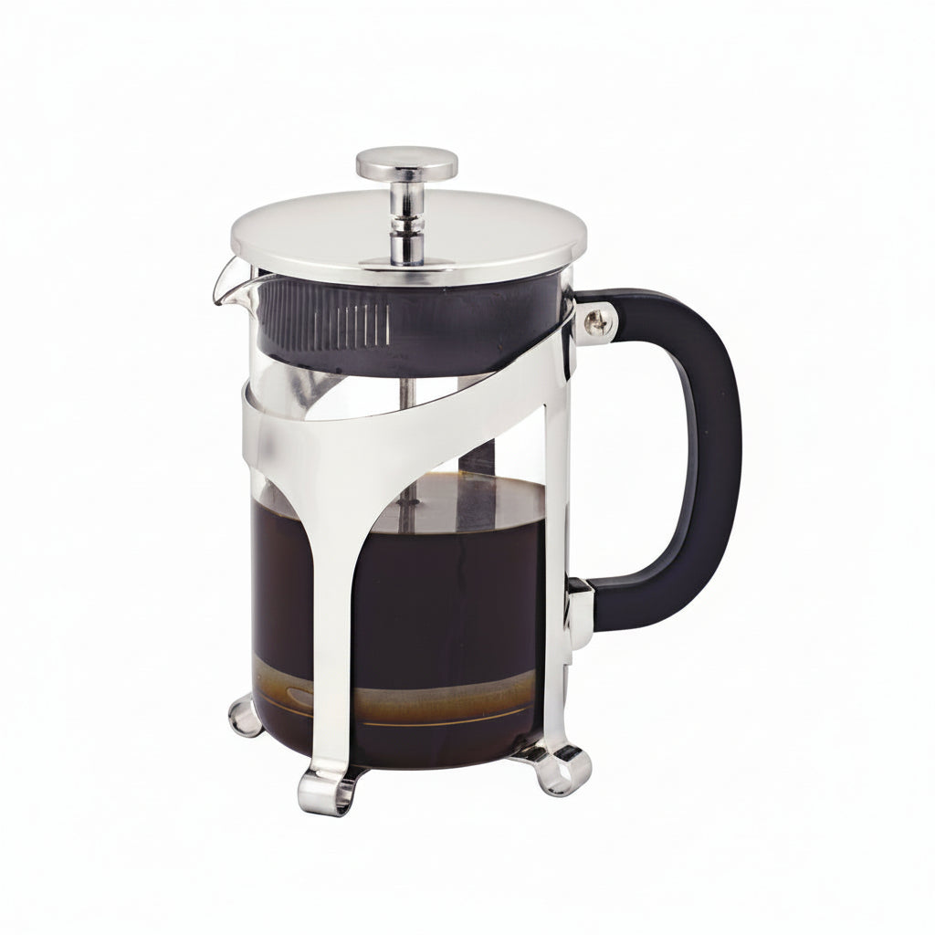 French press coffee maker with a black handle on a white background