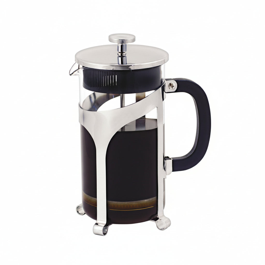 French press coffee maker with glass body and metal accents on a white background