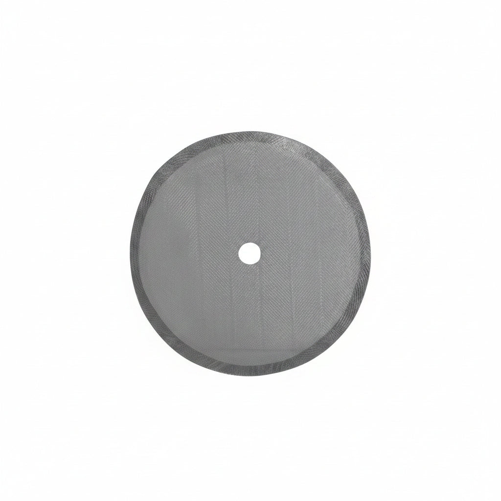 Round metallic disc with a central hole on a white background