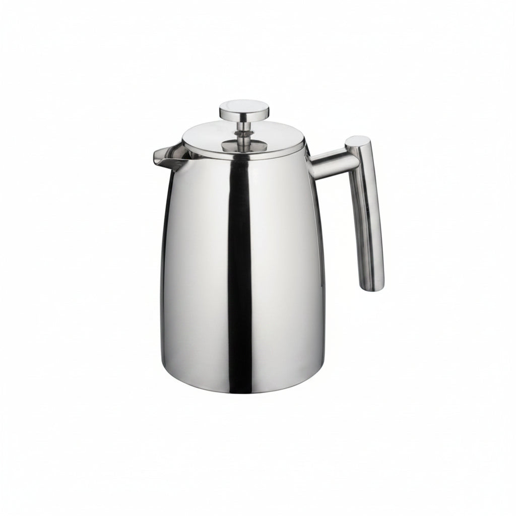Stainless steel French press coffee maker on a white background