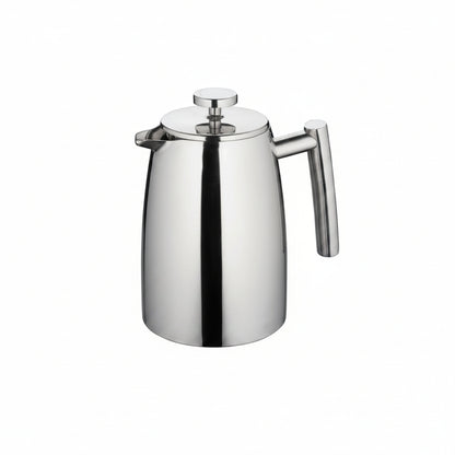 Stainless steel French press coffee maker on a white background