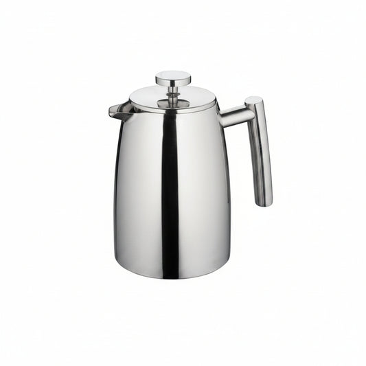Stainless steel French press coffee maker on a white background