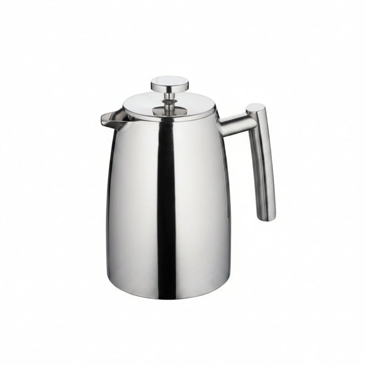 Stainless steel French press coffee maker on a white background