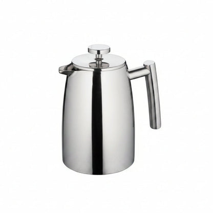 Stainless steel French press coffee maker on a white background