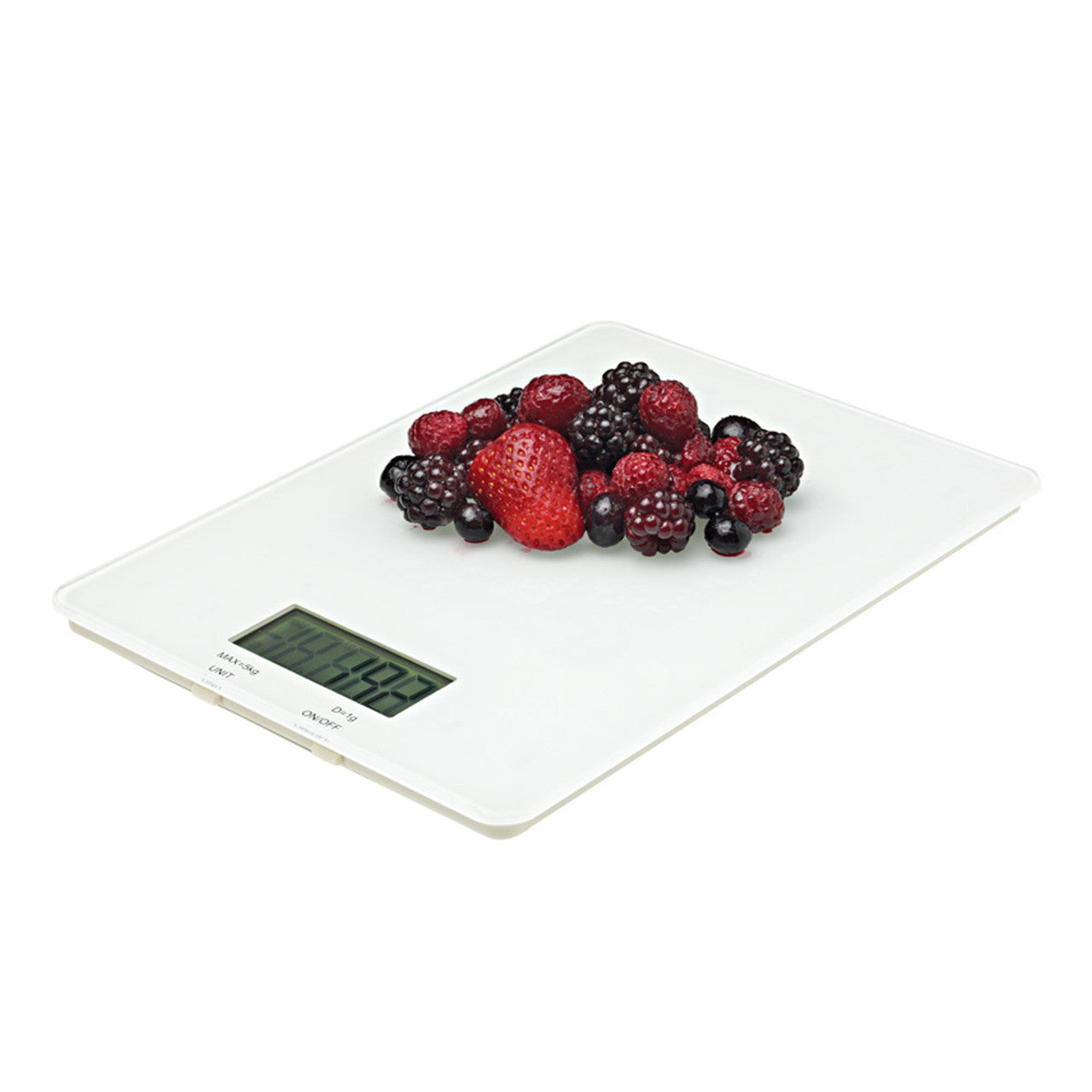 White digital kitchen scale with LCD display and berries