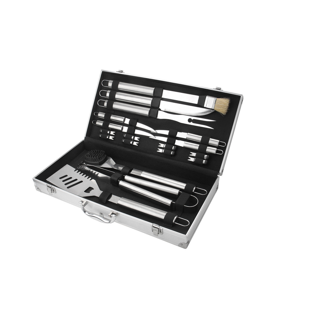 18-piece BBQ tool set with stainless steel utensils in open aluminum case